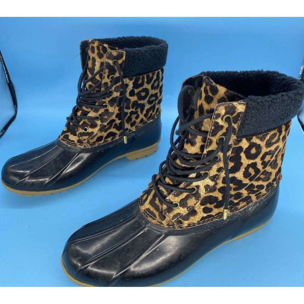 Sam Edelman Caldwell Leopard Calf Hair Duck Winter Boots Black Women's Size 9M